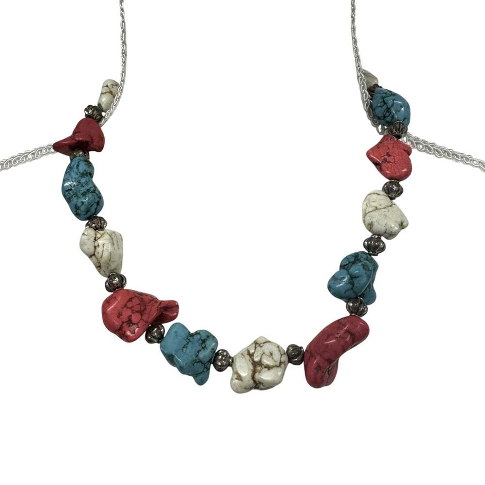 Handmade Artisan Teal Red & Natural Stone Beaded Necklace Jewelry Artsy Painted
